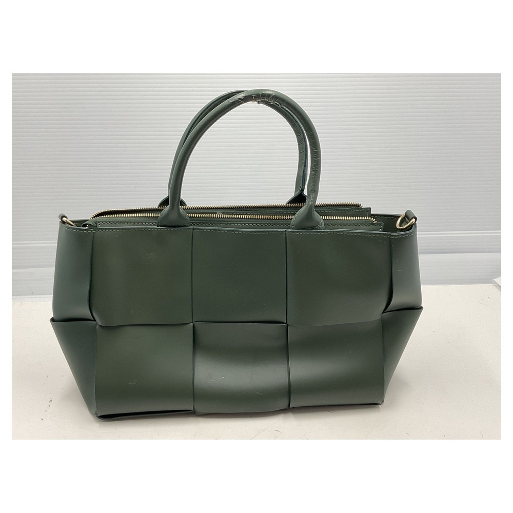 Valentina Fiore Green Woven Leather Satchel Handbag Made in Italy Large‎ Zip Top
